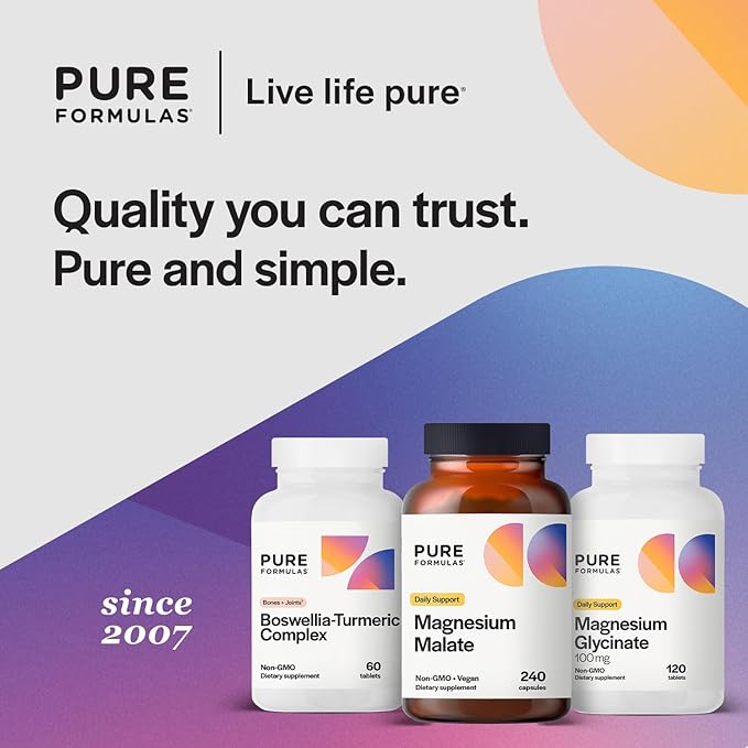 PureFormulas Magnesium Malate Capsules - Chelated Magnesium as DiMagnesium Malate - Highly Bioavailable Form to Support Energy Bone Health + Muscle Recovery malato de magnesio 360 mg - 240 Capsules