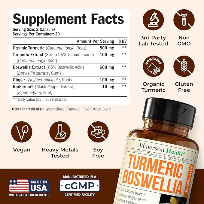 Boswellia Turmeric Curcumin Supplement with Hemp Seeds &amp Lemon Balm Extract – Joint Health &amp Mobility – with Black Pepper for Absorption – Natural Joint Supplement