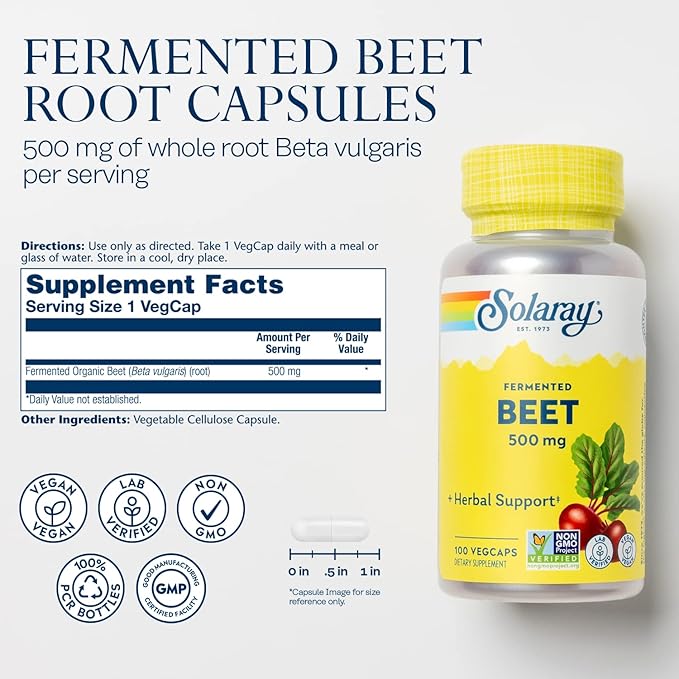 SOLARAY Fermented Beet Root Extract from Organic Beets - Beet Root Capsules Traditionally Used for Energy Endurance Blood Flow Heart Health Support - Vegan Non-GMO 60-Day Guarantee 100 VegCaps