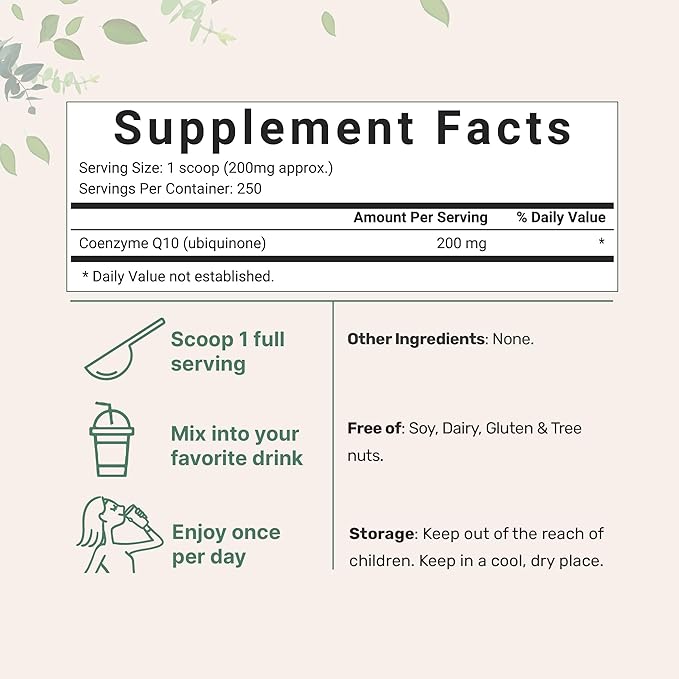 Micro Ingredients Water Soluble COQ10 Supplement (COQ10 200mg Per Serving in Powder Form) 50 Grams (8 Months Supply) Extra Absorption Vegan Friendly