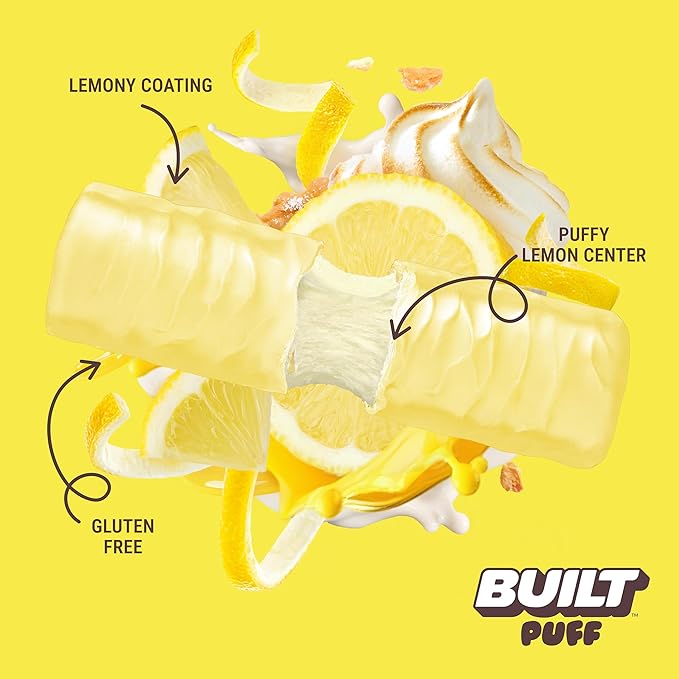 BUILT Bar Puff Protein Bars - Lemon Meringue Pie - 16g Protein Snack Bars with Collagen - Calorie Conscious &amp Gluten Free - 12 Count