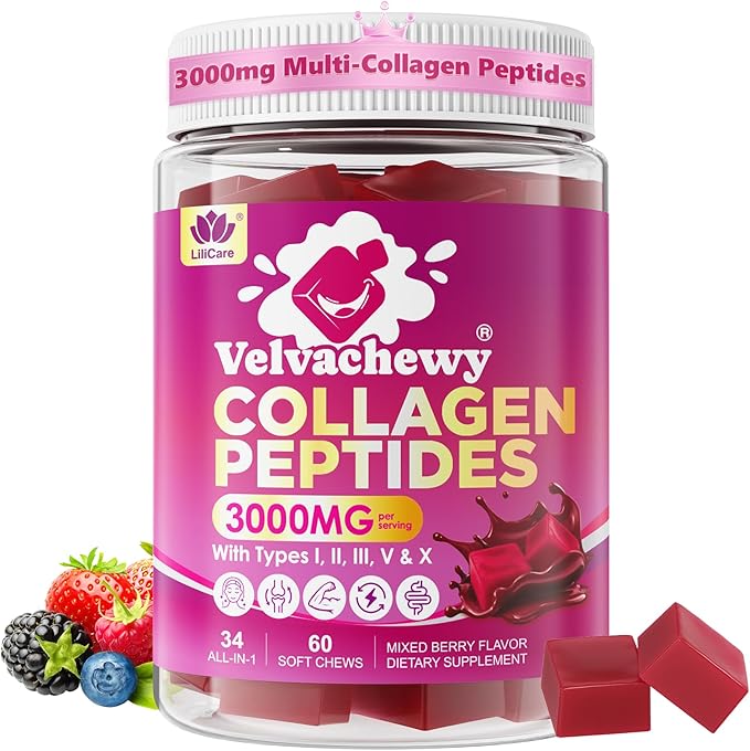 Collagen Gummies + Biotin Soft Chews 3000mg for Women &amp Men Ultra Hydrolyzed Collagen Peptides Boosting Type IIIIIIVX Vitamin C E Anti-Aging Formula for Hair Skin &amp Nails DigestionB