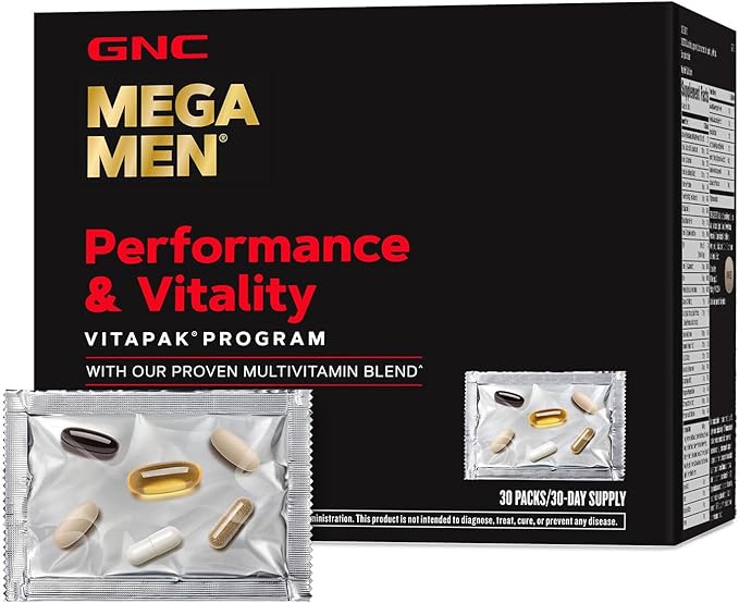 GNC Mega Men Performance and Vitality Vitapak Program Convenient Complete Nutrition 5 Products in 1 Packet Circulation Blood Flow Prostate Health Sexual Function 30 Packs