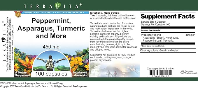 Peppermint Asparagus Turmeric and More - 450 mg (100 Capsules ZIN: 518616) - 3 Pack
