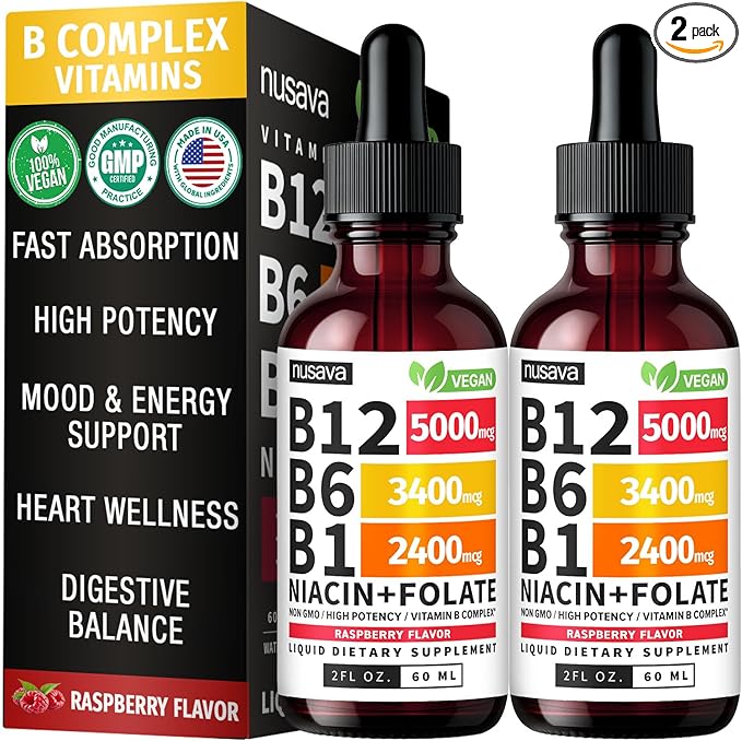 (2 Pack) Vitamin B12 and B6 Liquid Drops B12 Sublingual Vitamin B Complex - B 12 Vitamin 5000mcg - B12 Methylcobalamin for Energy Brain and Heart Support with 27200 mcg Raspberry 80 Servings