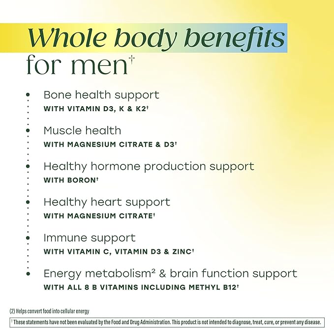 MegaFood Whole Body Mens Multivitamins - Multivitamin for Men - CoQ10 Vitamin D3 K2 Magnesium Citrate Boron &amp Copper - Supports Immune Brain Muscle &amp Heart Health - 60 Capsules 30 Servin
