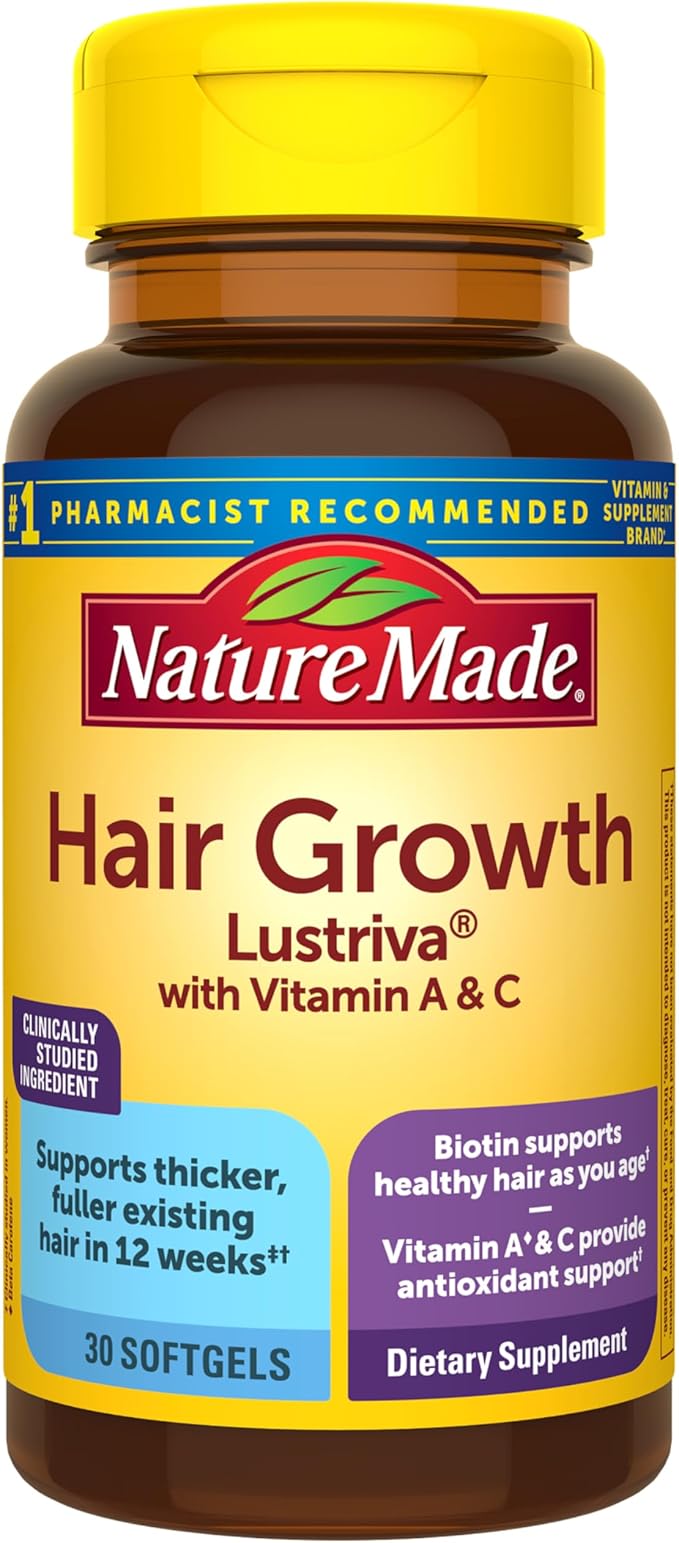 Nature Made Hair Growth Softgels Clinically Studied Lustriva + Biotin Vitamin C &amp A Hair Growth Vitamins - Support Healthy Hair as You Age 30 Softgels 30 Day Supply