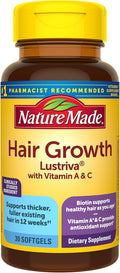 Nature Made Hair Growth Softgels Clinically Studied Lustriva + Biotin Vitamin C &amp A Hair Growth Vitamins - Support Healthy Hair as You Age 30 Softgels 30 Day Supply