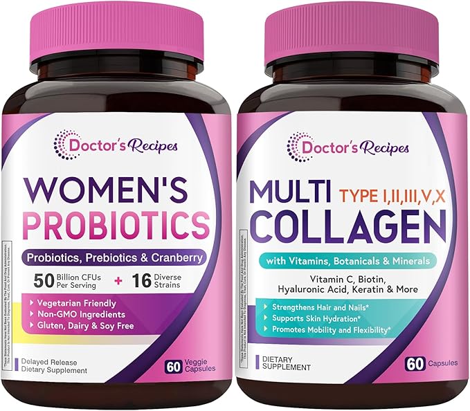 Doctor's Recipes Women’s Probiotic &amp Collagen Complex Bundle Digestive Vaginal &amp Urinary Health Hair Nails Skin Health Delayed Release Probiotic Capsules 60ct &amp Collagen Complex Caps