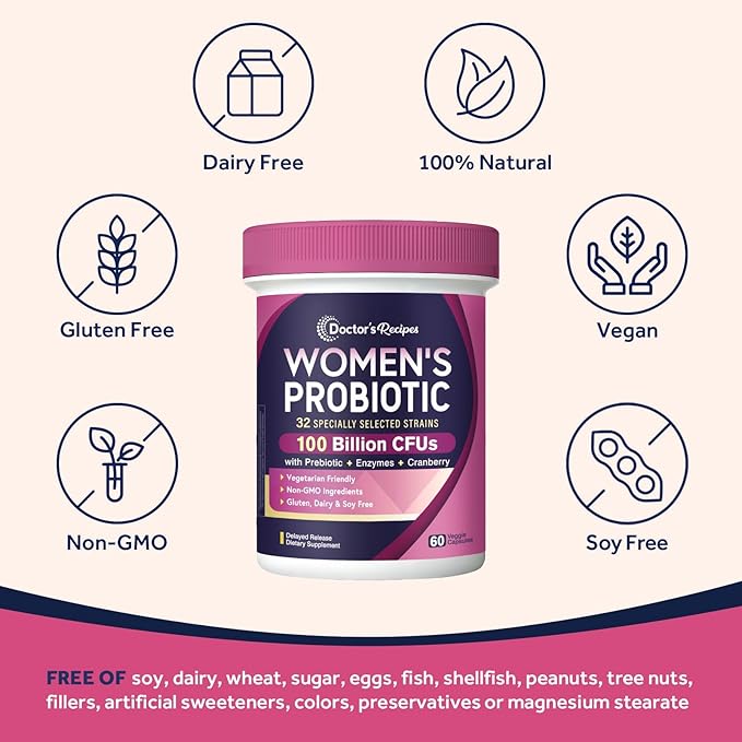 Doctor's Recipes Probiotics for Women 100 Billion CFU 32 Strains with Prebiotic Enzymes &amp Cranberry Shelf Stable Delayed Release 60 Caps