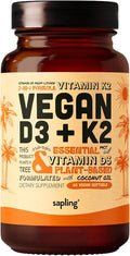 sapling Vegan Vitamin D3 + K2 Supplement with MCT Oil from Coconut - 4000 IU Vitamin D and 100mcg Vitamin K2 as Mk7 - Calcium Absorption Bone Strength and Immune Health Support* - 60 Softgels