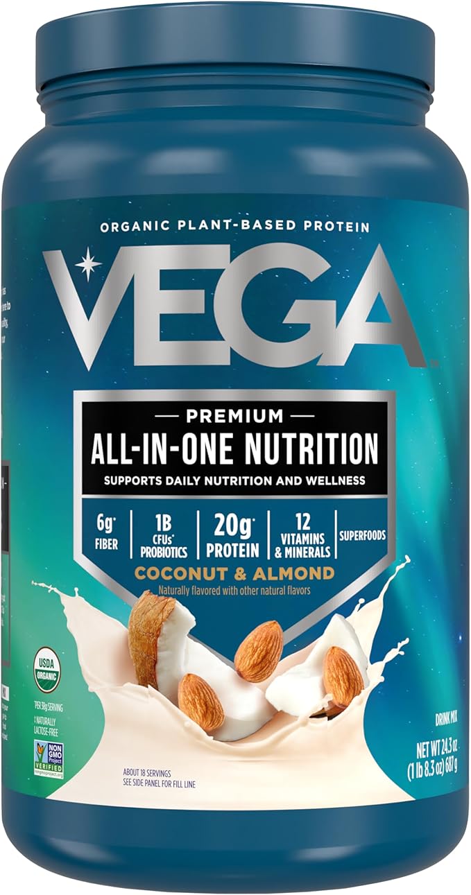 Vega All in One Nutrition Organic - 20g Plant-Based Pea Protein Coconut Almond 18 Servings Vitamins A &amp C Probiotics Greens Vegan Keto Gluten Free 24.3oz (Packaging May Vary)