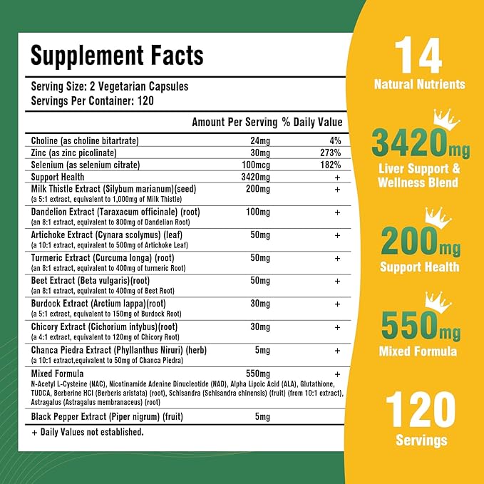 Liver Support Supplement 3400mg Advanced 20-in-1 Formula with Milk Thistle NAC NAD+ TUDCA Glutathione Dandelion &amp Artichoke Herbal Complex 240 Vegetarian Capsules 4 Month Supply