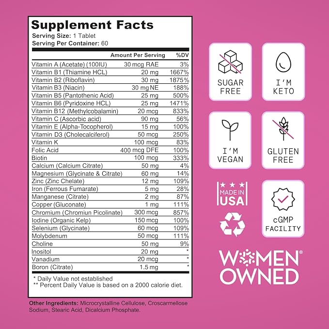 Vegan Multivitamins for Women - Once Daily - 28 Nutrients - Boost Energy Sleep Hair Skin Nails &amp Reduce Cravings - Keto Vegan Gluten Free USA 2-Months Supply