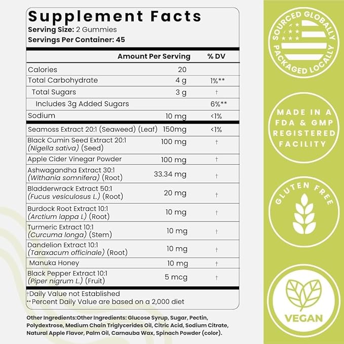 Optimal Prime Sea Moss and Black Seed Oil Gummies Ashwagandha Turmeric Manuka Honey ACV Dandelion Black Pepper Burdock Bladderwrack Vegan 90 Gummies 45 Day Supply