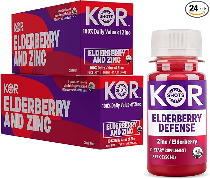Kor Shot Elderberry and Zinc Shot - 24 Pack x 1.7 Fl Oz - Immunity Shot - USDA Certified Organic