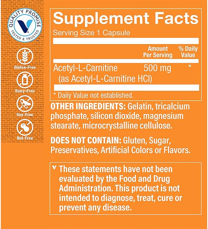 The Vitamin Shoppe Acetyl-L-Carnitine 500mg Supports Healthy Brain Memory (120 Capsules)