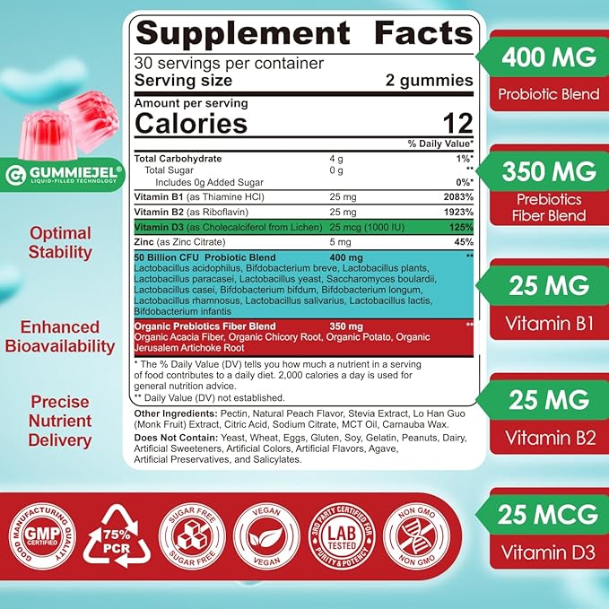NEVISS Probiotic + Prebiotic Gummies for Adults &amp Kids 4+ Sugar Free Chewable 50 Billion CFUs w/Fiber Vitamin B1 B2 D3 &amp Zinc for Digestive &amp Gut Health Boost Microflora Diversity 60