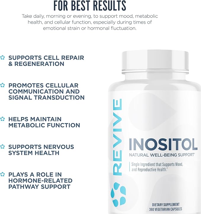 Revive MD Inositol Supplement for Men &amp Women - Mood Support Hormonal Balance &amp Reproductive Health - Vegan-Friendly Gluten-Free - 360 Vegetarian Capsules - 180 Servings
