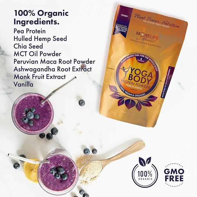 Yoga Body Protein Powder | 100% Vegan &amp Organic | Vanilla Flavor | Pea Hemp Chia | Plant Based Fuel | Meal Replacement | Ayurvedic-Friendly (1 lb)