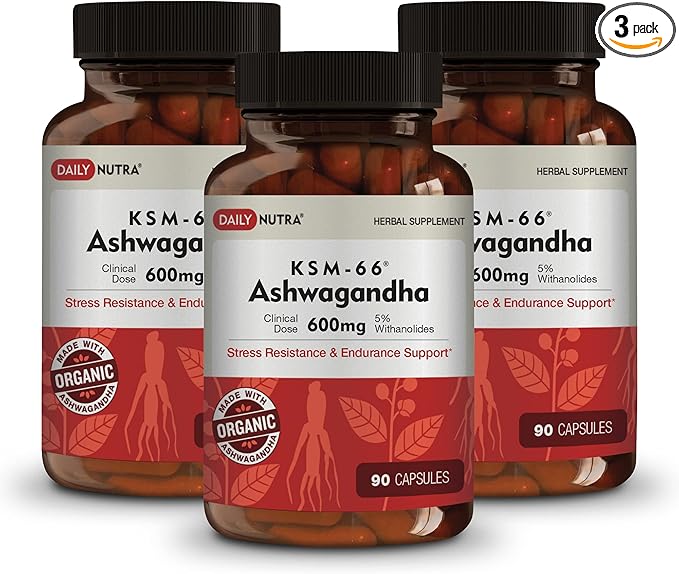 DailyNutra KSM-66 Ashwagandha 600mg Organic Root Extract - High Potency Supplement with 5% Withanolides | Supports Relaxation Focus &amp Energy (270 Capsules)