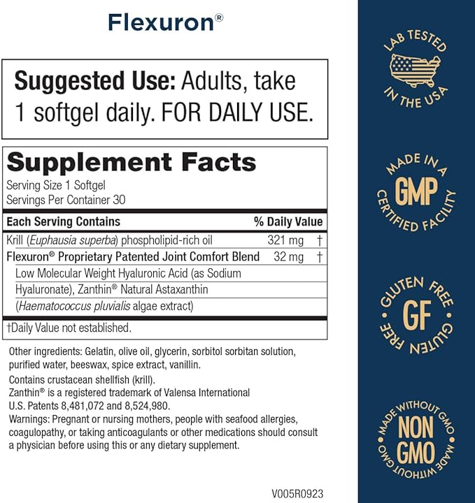 Purity Products Flexuron Joint Formula 3X Better Than Glucosamine and Chondroitin - Starts Working in just 7 Days - Krill Oil Low Molecular Weight Hyaluronic Acid Astaxanthin - 30 Count (1)