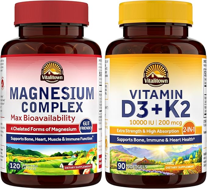Vitalitown Magnesium Complex &amp Vitamin D3 K2 Bundle (Pack of 2) | for Bone Heart Immune &amp Muscle | Magnesium Glycinate 10000IU D3 MK-7 | 120 Mag Caps &amp 90 D3 Softgel