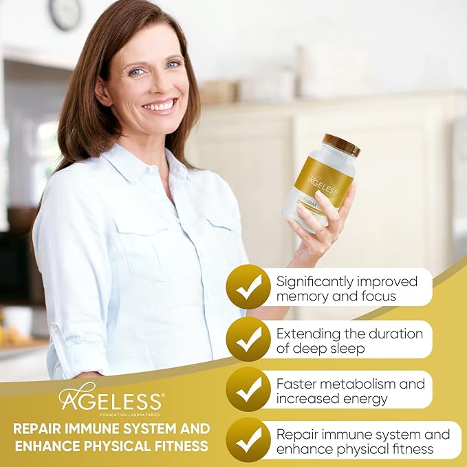 AGELESS™: UltraMAX Gold™ Capsules HGH Anti-Aging Supplement for Women Slows Cellular Aging Supports Immune Health Smoother Skin Tone and Restorative Sleep Weight Management 90 Capsules