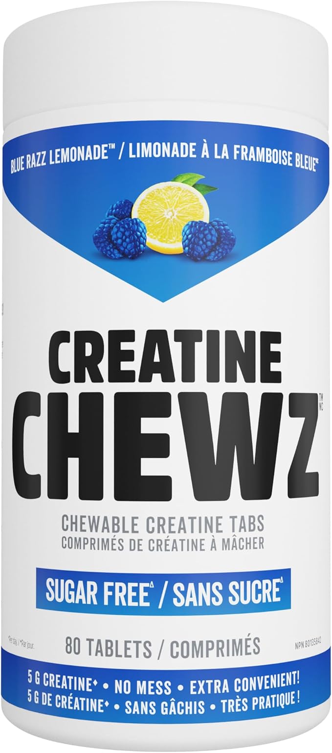 PVL Creatine Chewz – Sugar-Free Chewable Creatine Tablets for On-The-Go Use – 5g Creatine Monohydrate Per Day – Pre Workout &amp Post Workout Protein Support – 80 Tablets – Blue Razz Lemonade