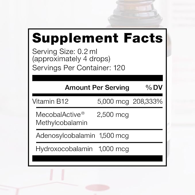 BioActive B12 Full Spectrum Vegan Methylated Vitamin B12 Sublingual Liquid Methylcobalamin Hydroxocobalamin &amp Adenosylcobalamin 1250 mcg per Drop (4 Drops = 5000mcg / 4 Month Supply) 20 ml