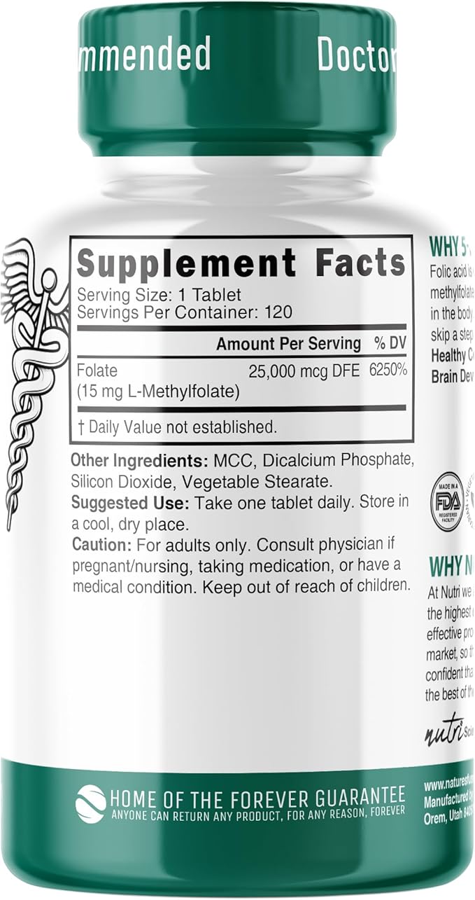 Nutri 5-MTHF L Methylfolate 15MG - 4 Month Supply 120 Vegan Tablets - Methylated Folate Supplement - Cognitive Function Heart Health Prenatal Support - 3rd Party Tested - NSF Certified Facility