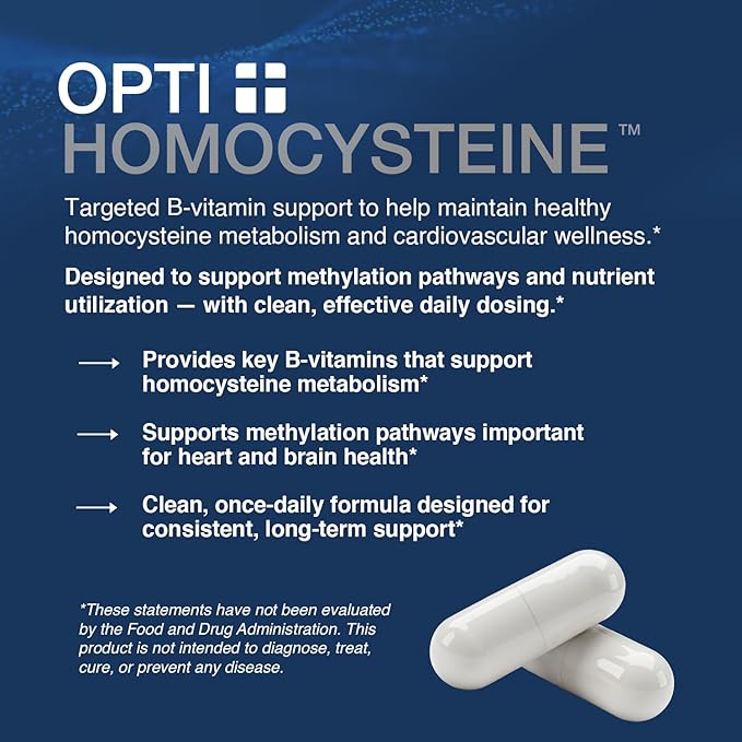 Opti + Homocysteine Capsules | Daily Brain and Heart Health Supplements* | Brain Supplement with Methylcobalamin &amp Methylfolate | 60 capsules/30 Servings