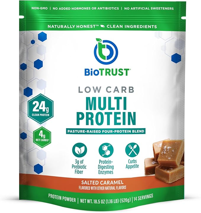 BioTrust Low Carb Protein Powder - Healthy Isolated Whey Protein Powder and Casein Blend from Grass-Fed Pasture-Raised Cattle Plus Digestive Enzymes - Salted Caramel 14 Servings
