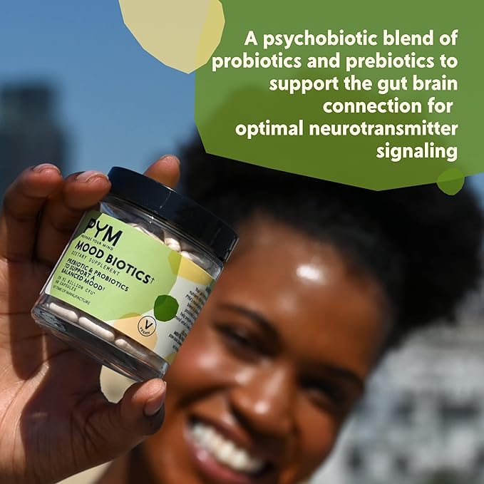 Prebiotics and Probiotics Mood Biotics by PYM with 22.91 Billion CFU (60 Count) Gut Health &amp Mood Support Supplement | Non-GMO Vegan Gluten Free