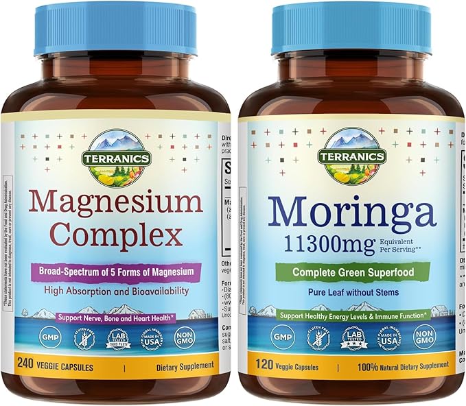 Terranics Magnesium Complex &amp Moringa Capsules Bundle - 500mg 5 Forms Magnesium Glycinate Citrate Malate Aspartate Gluconate + 11300mg Pure Moringa Leaf Powder 240 Caps + 120 Caps