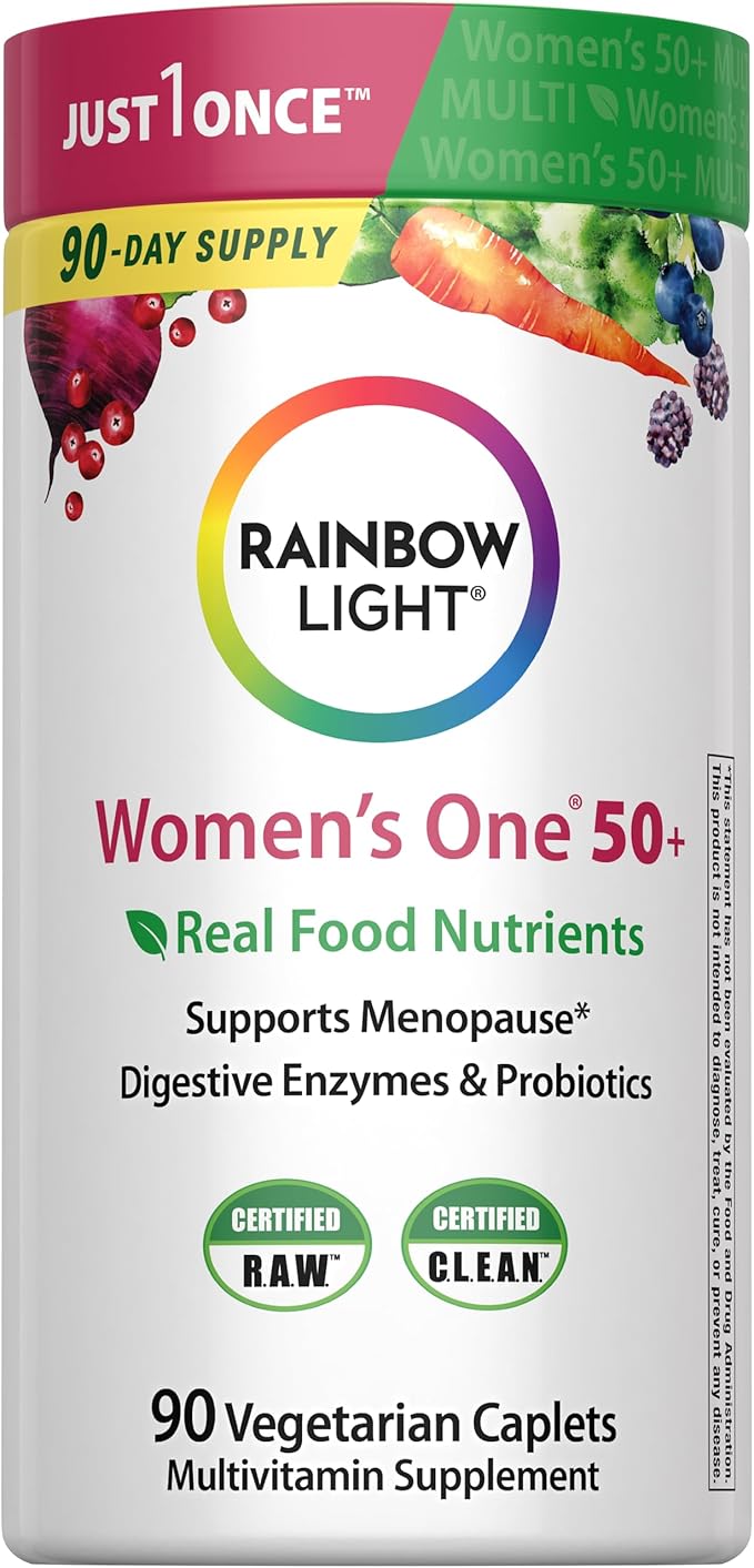 Rainbow Light Womens One + Multivitamin 50 Plus | 90 Caplets | Supports Menopause | Real Food Nutrients Digestive Enzymes &amp Probiotics