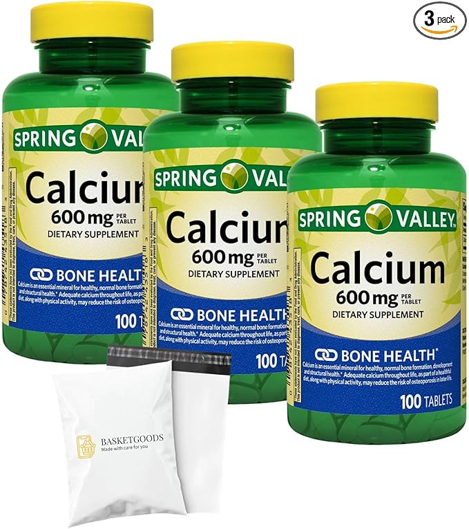Spring - Valley Calcium 600mg Natural Bone Health Calcium - 100 Tablets Pack of 3 - Set By Basket Goods