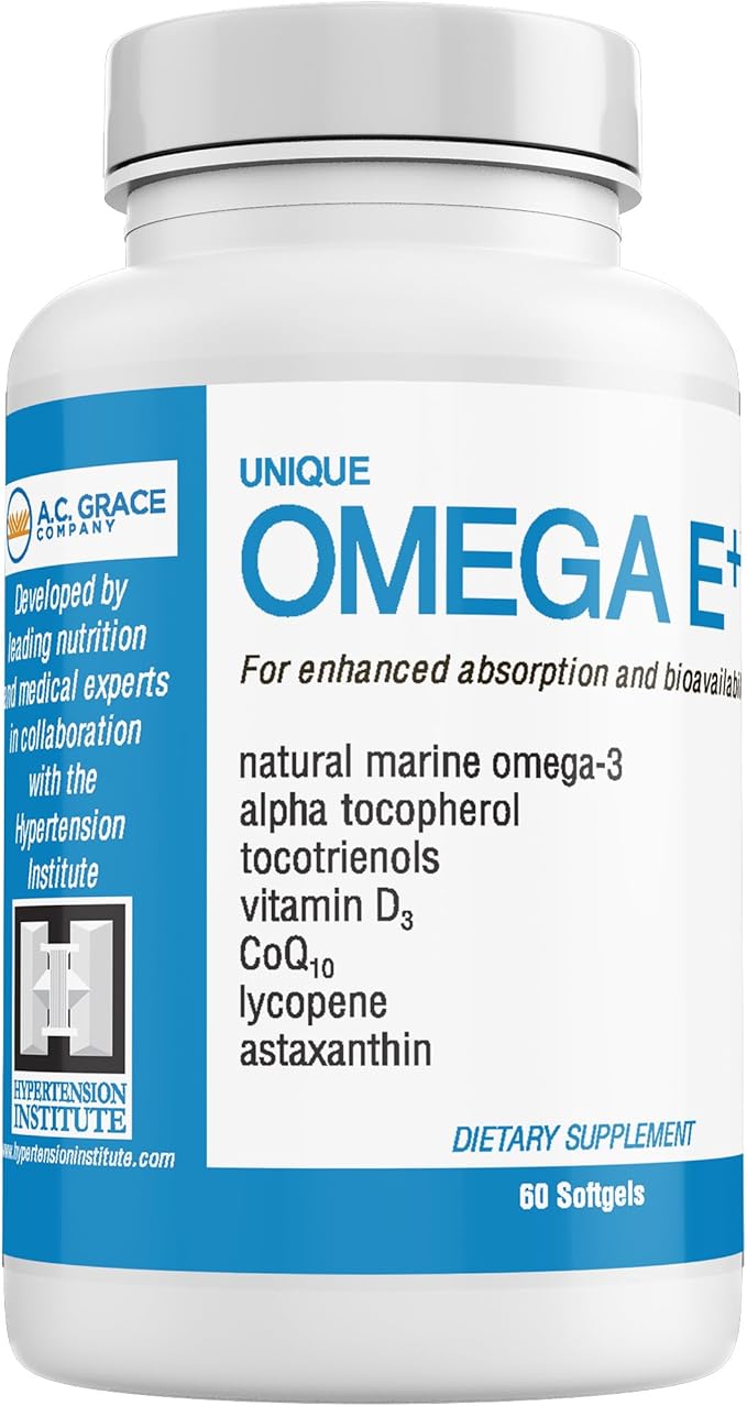 UNIQUE E A.C. Grace Company Omega E+ - Fish Oil Supplement - with Marine Omega-3 Fatty Acids Vitamin E Vitamin D3 and CoQ10 - Helps Support Heart Brain and Skin Health - 60 Softgels