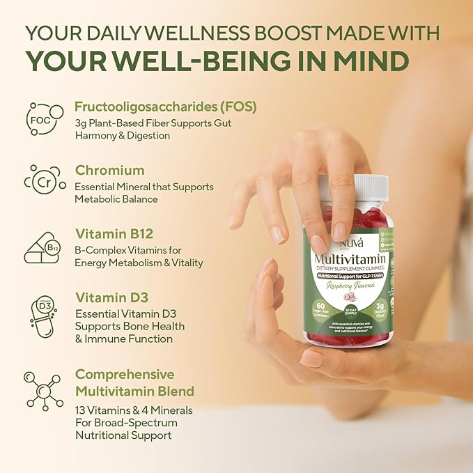 NuVa GLP-1 Support Multivitamin Gummies for Men &amp Women: Raspberry Sugar-Free 3g Fiber for Digestion &amp Gut Health Vitamins &amp Minerals for Metabolic Balance Gluten-Free 60 Gummies - 30