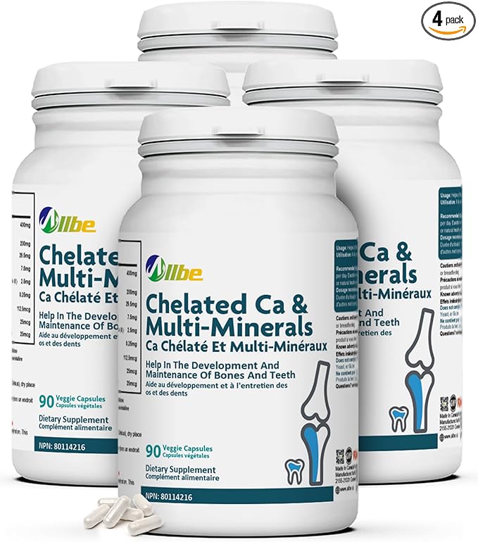 Chelated Ca &amp Multi-Minerals Capsules 400mg Calcium and 200mg Magnesium with 7.5mg Zinc Supplements 4 Packs of 90 Bones and Teeth Support Capsules Serving Size: 2 120 Days Supply