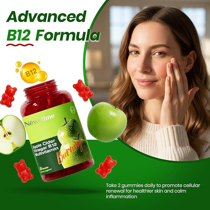 NEWELLME Sugar-Free Apple Cider Vinegar Gummies B12 MultivitaminACV Supplement Gummy VitaminsVegetarian Supplement for Women &amp MenNon GMOSupport Normal Energy Levels &amp Gut Health 120 Gummi