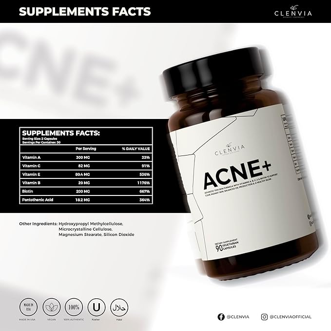 Acne+ Teen Skin Supplement – Vitamins A C E B Biotin &amp Pantothenic Acid – Supports Clear Skin Balanced Oil Production &amp Healthy Glow – 90 Vegetarian Capsules