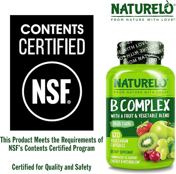 NATURELO Vitamin B Complex120 Capsules Vegan CoQ10 Methyl Folate Biotin Fruit &amp Veg Blend Supports Energy and Healthy Stress Response Super B Complex Vitamins for Women and Men