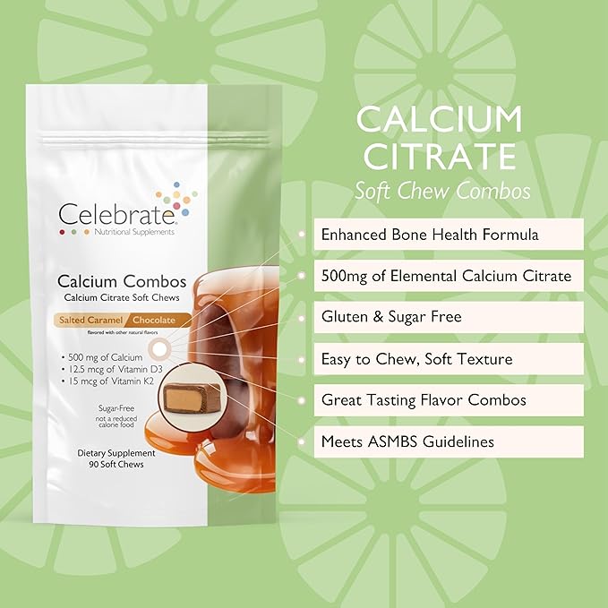 Celebrate Vitamins Bariatric 500mg Calcium Citrate Soft Chews Combo with 500 IU Vitamin D3 – Essential for Gastric Bypass Patients &amp Bone Health - Sugar &amp Gluten Free Caramel Chocolate (90 Ch