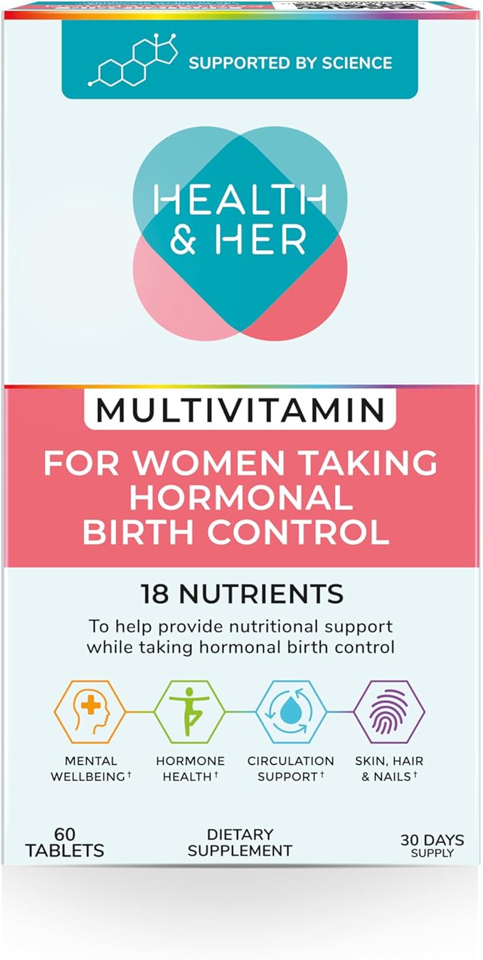Health &amp Her Multivitamin Supplement for Women Taking Birth Control - Nutrition Support - 1 Month Supply 60 Tablets - Vegan &amp Gluten Free