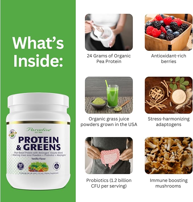 Paradise Herbs ORAC Energy Proteins &amp Greens Powder Antioxidant Power of 24 Servings of Fruits &amp Vegetables in 1 Scoop + 20g Protein Vanilla 14 Servings
