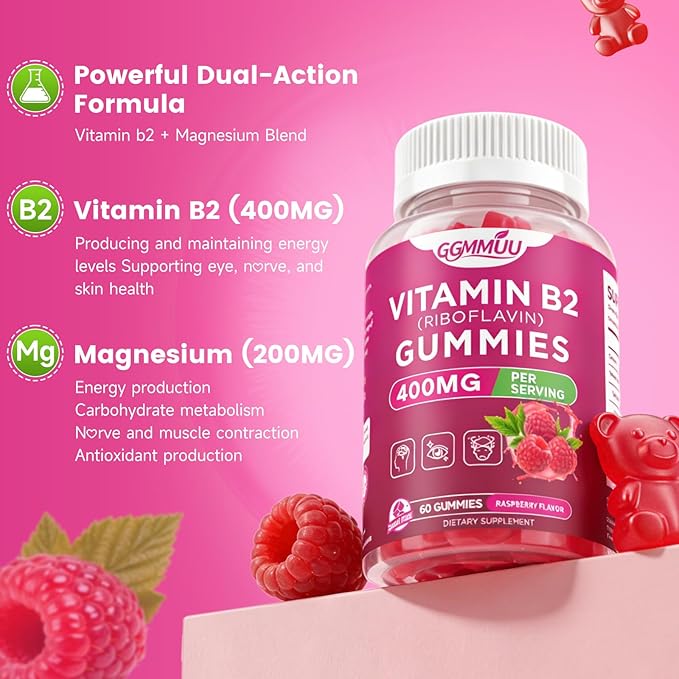 2 Pack Vitamin B2 Gummies Riboflavin 400mg Supplement with Magnesium for Kids &amp Adults B2 Gummies for Nervous System Support &amp Skin Health Raspberry Flavor 120 Count
