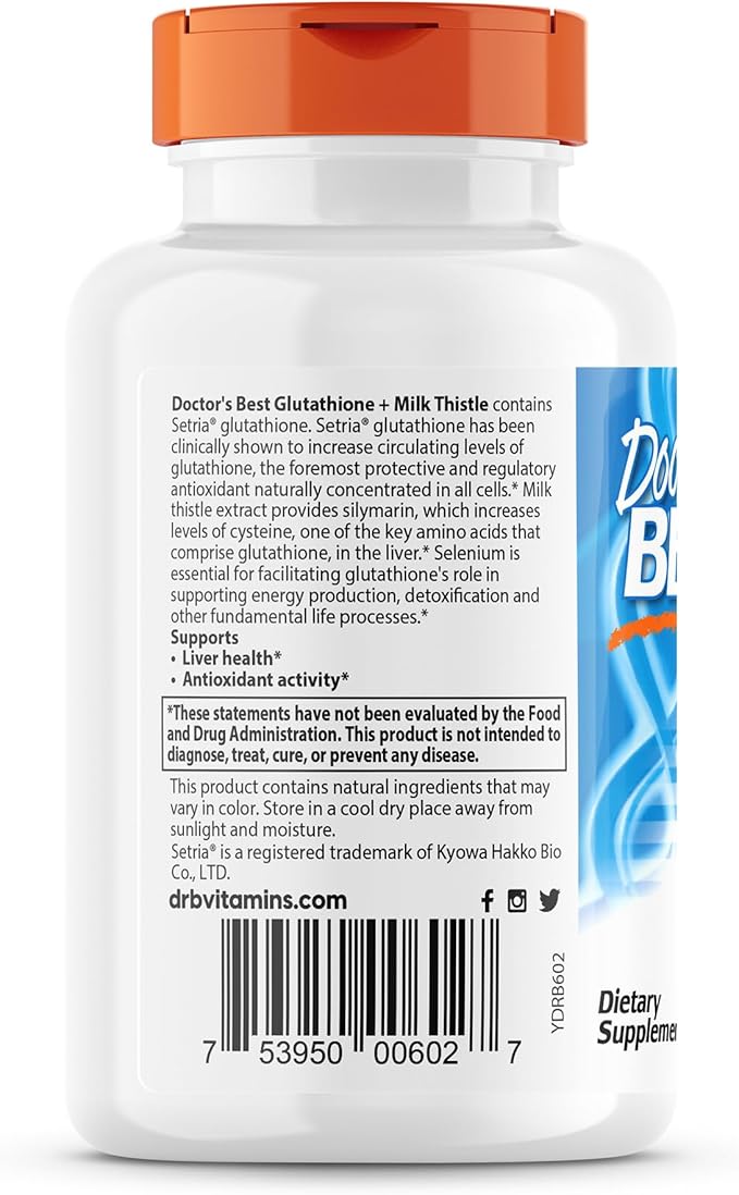 Doctor's Best Glutathione + Milk Thistle Supports Liver &amp Antioxidant Activity Non-GMO Gluten Free Soy Free Vegan 60 Veggie Caps