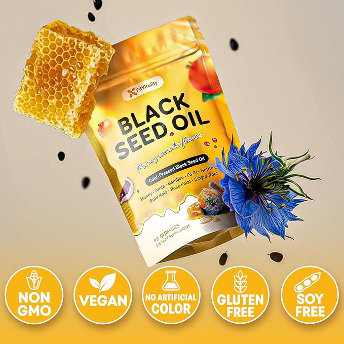 90 Black Seed Oil Gummies | 500mg Cold-Pressed Black Seed Oil Amla Bamboo Fo-Ti Nettle Leaf Gotu Kola Extract | Vegan Non-GMO Gummies | Hair Skin &amp Nail Nourishment | Pomegranate Flavor