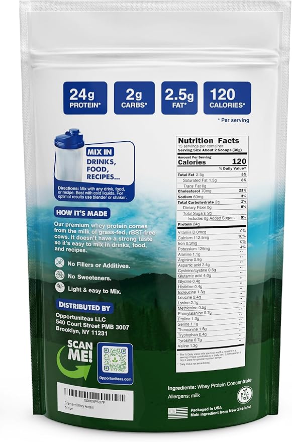 Opportuniteas Grass Fed Whey Protein Powder Concentrate - 1 Ingredient - Pure Protein Supplement for Drink Smoothie Shake Cooking &amp Baking - Non GMO Hormone Free &amp Gluten Free - 1 Pound